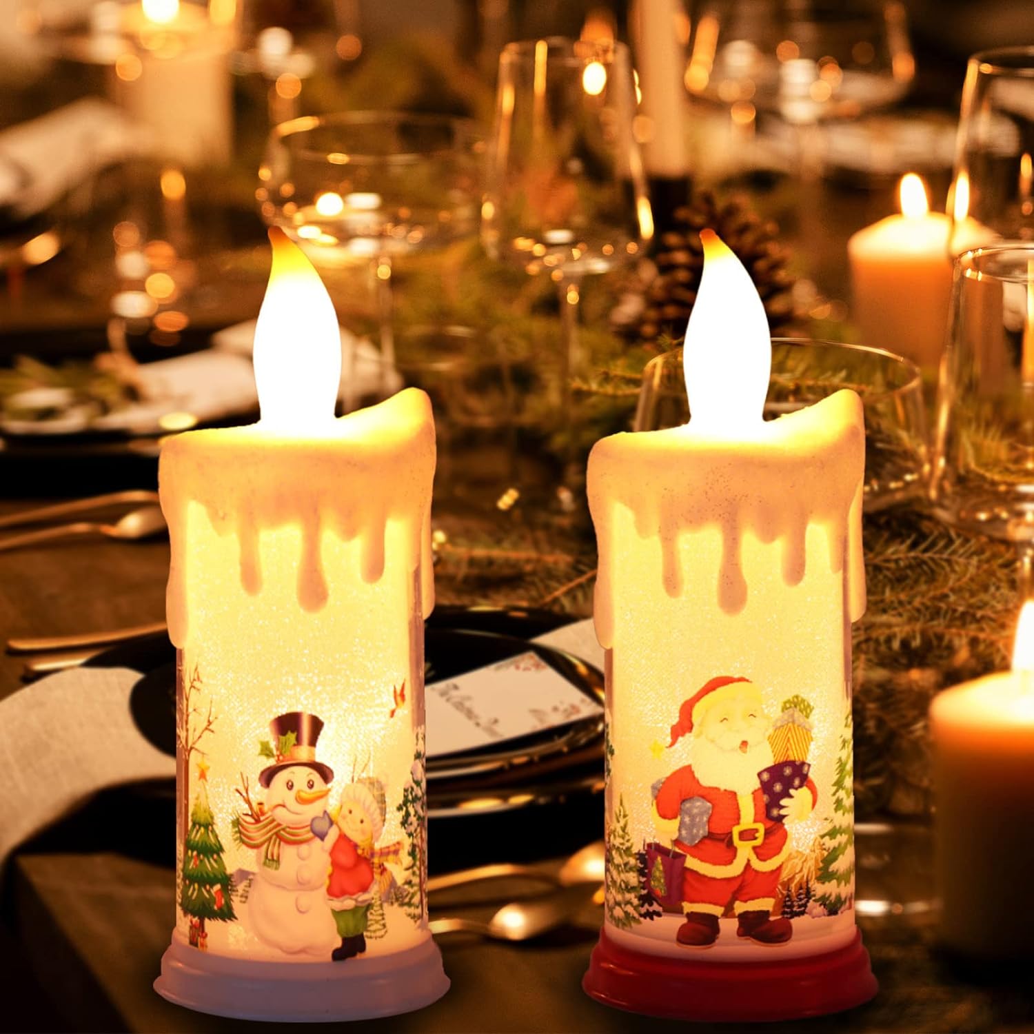 Bougies de Noël sans flamme (paquet de 2) Bougies LED vacillantes Bougies à  piles Lumière chaude Décorations de Noël avec Père Noël bonhomme de neige