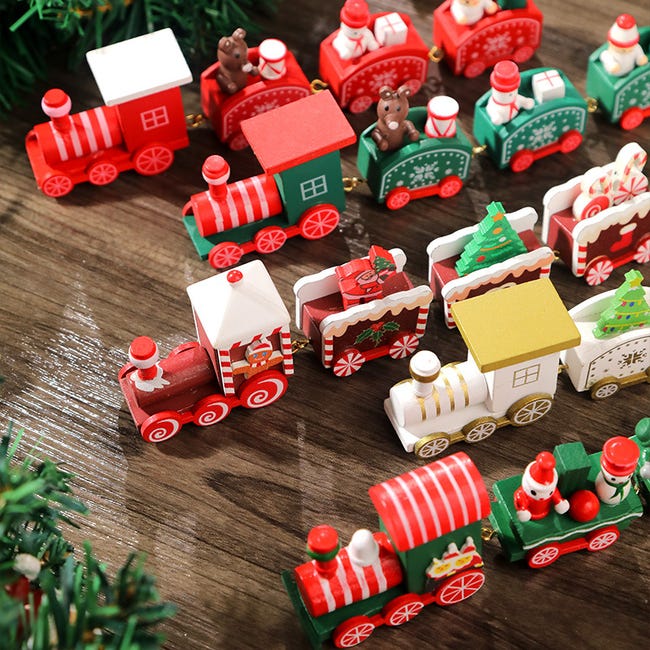 2pcs Petits Train de Noël en Bois Ornement Pendentif Train Caravane Forme  Bonhomme de Neige Père