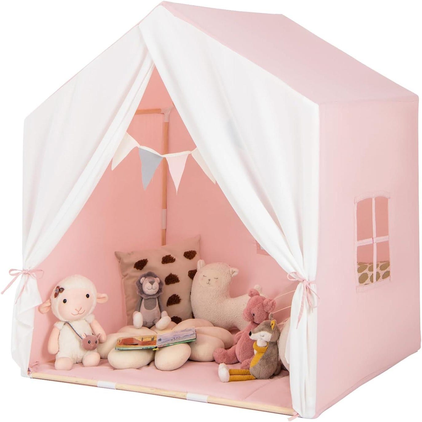 Tente de Jeu Enfants avec Tapis en Coton, Tente pour 2-3 Enfants de 3 Ans+,  131 x 91 x 131cm (Rose)