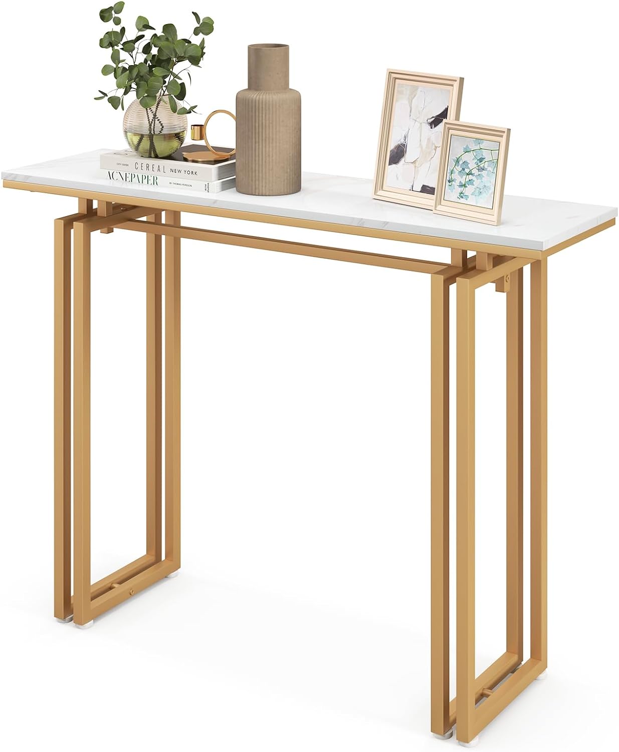 Table Console, Meuble d'Entrée en Faux Marbre, Cadre en Métal, Kit Anti