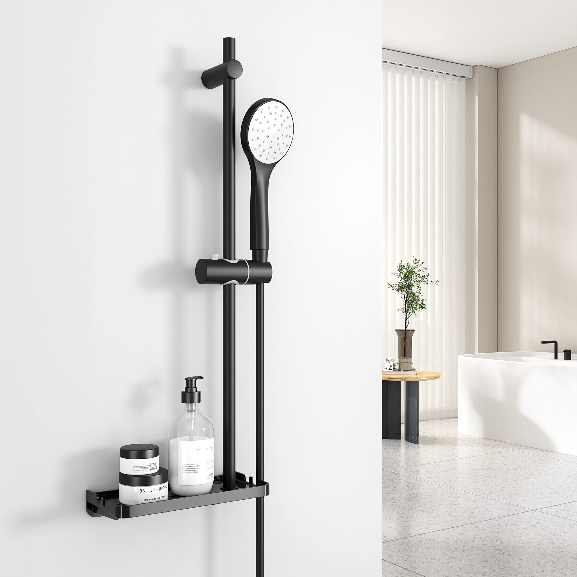 EMKE Ensemble Colonne de douche, Arrondi douchette et 1.5m tuyau de douche  et barre de douche avec porte-savon(0.7m）Noir Set