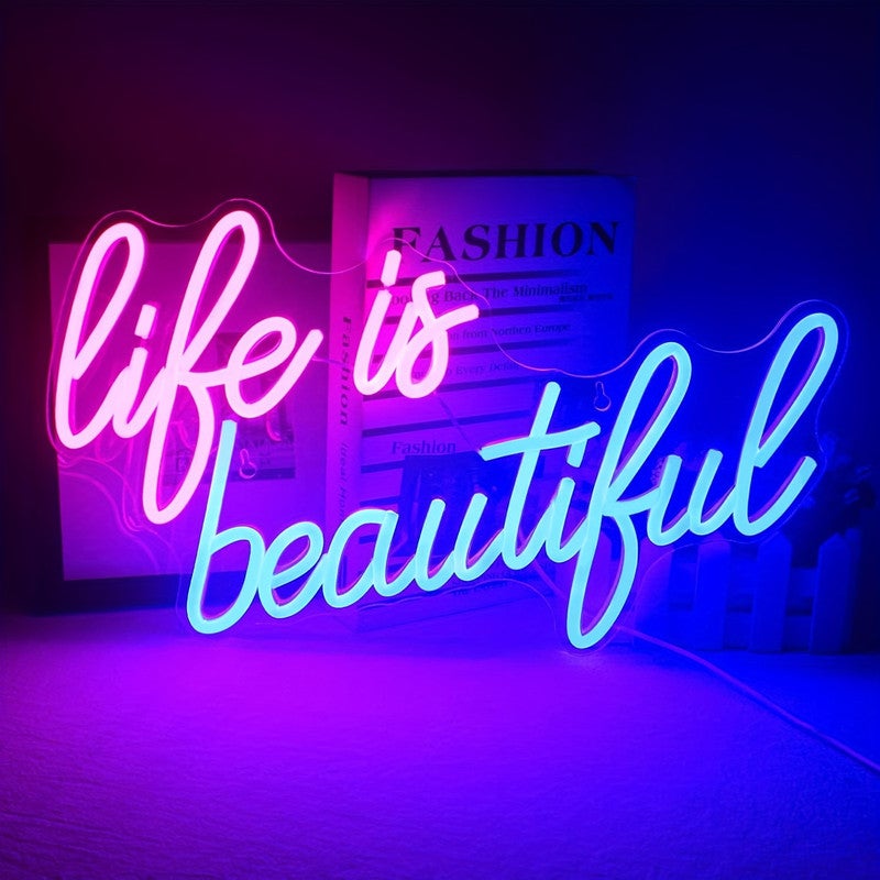 Life is Beautiful Panneau lumineux LED rose avec lettres bleues pour  chambre à coucher, fête, décoration murale de mariage, cadeaux, alimenté  par USB