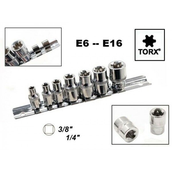 SET 7 CHIAVI A BUSSOLA TORX FEMMINA TIPO E DA 1/4 e 3/8 CHROME VANADIUM E6  - E16