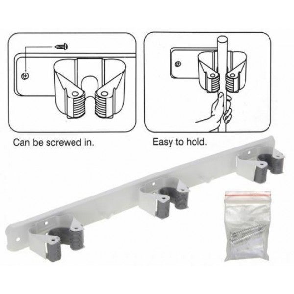 SUPPORTO DA MURO PORTA SCOPE A 3 POSTI + 2 GANCI IN PLASTICA BIANCO CM 22