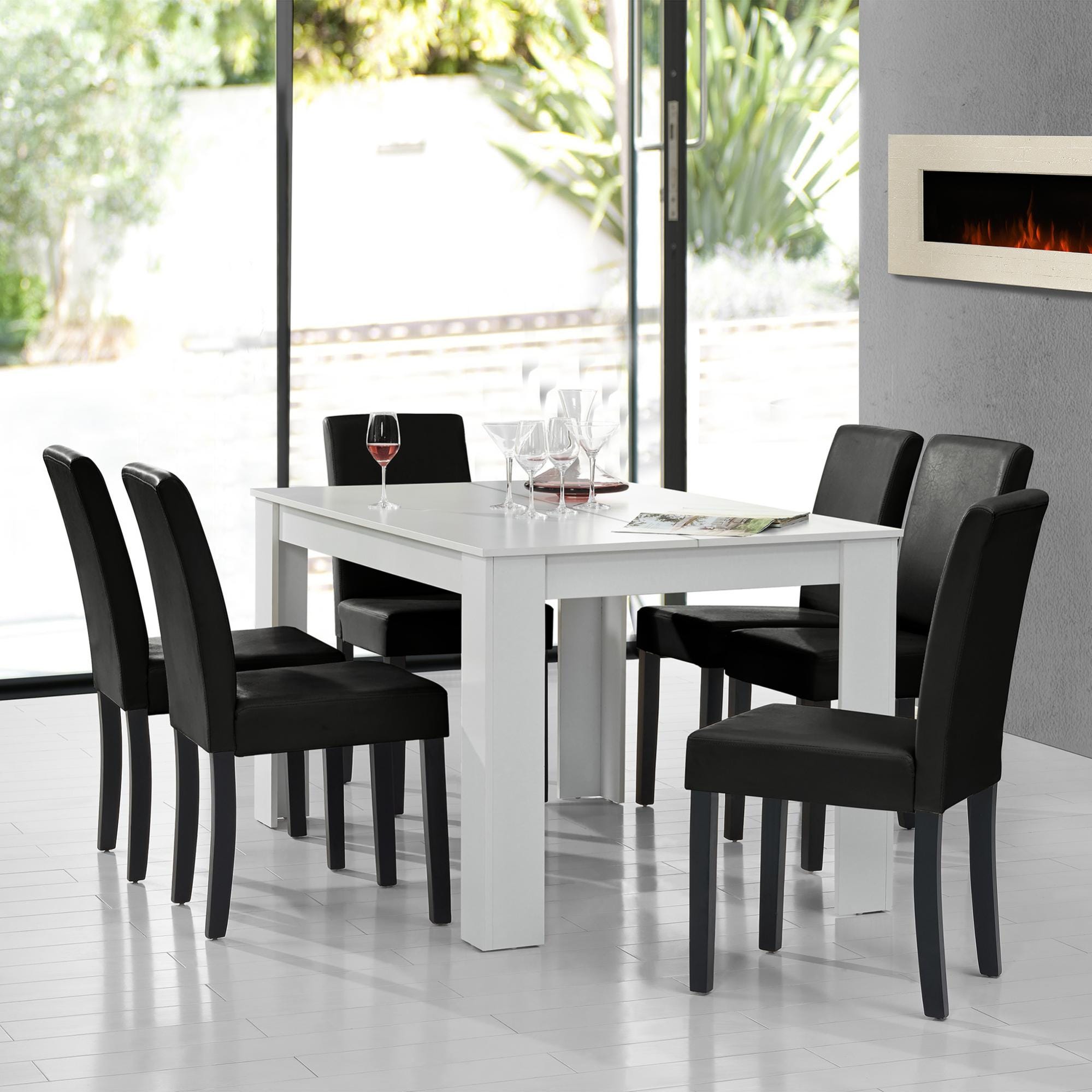 en.casa] Tavolo da pranzo bianco opaco con 6 sedie nere imbottite  similpelle 14x9 sala da pranzo set
