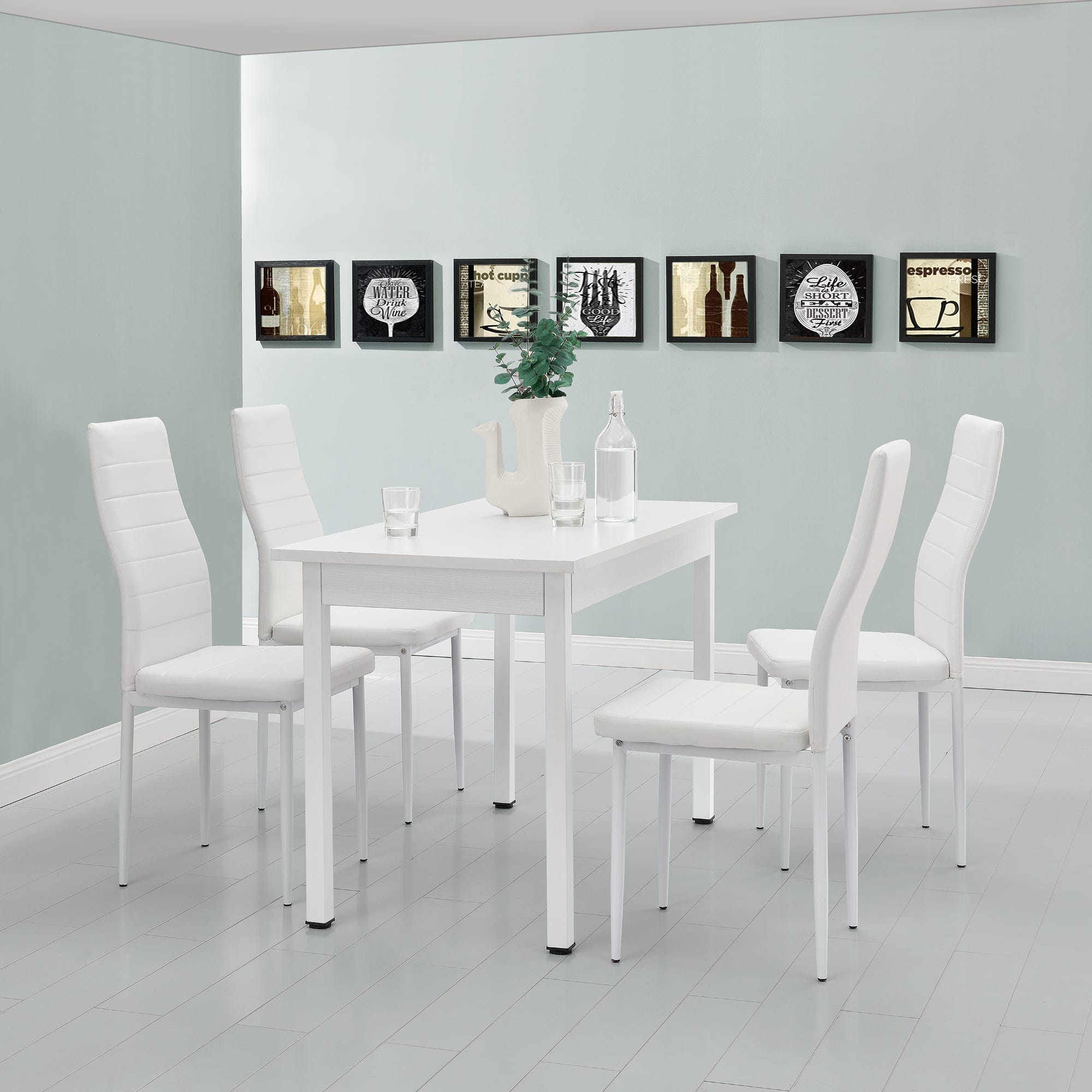 en.casa] Tavolo da pranzo bianco - 120x60cm - con 4 sedie imbottite bianche  in similpelle