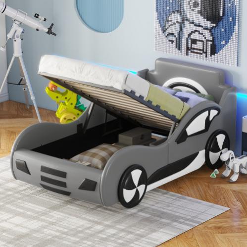 Cama infantil con almacenaje debajo, modelo de coche, 90 x 200 cm, gris