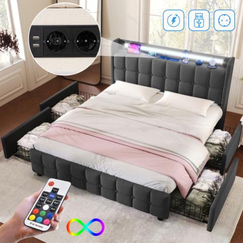 Comodino Moderno Con Luci LED RGB E Ricarica USB, 2 Cassetti E Scaffale, 16 Colori E Telecomando, 50x40x58 Cm, Nero - 2