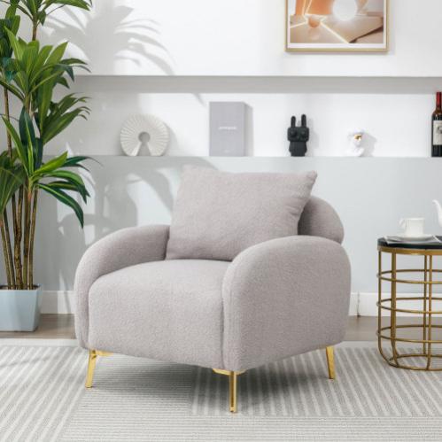 BBAUER Poltrona In Velluto Teddy Moderna Con Cuscino, Sedia Singola Per Relax, Imbottita, Struttura Legno, Gambe Oro, Bianco