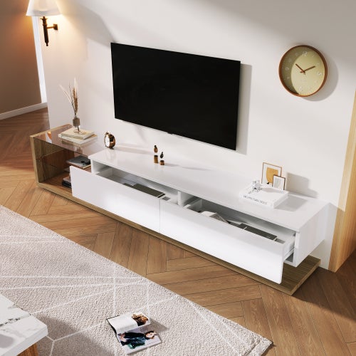 Meuble TV mural blanc et bois avec éclairage led blanc de salon moderne