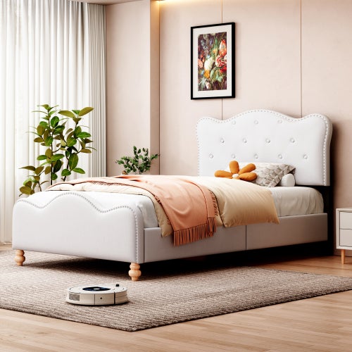 Cama individual tapizada de 90 x 200 cm, estructura de cama de tejido de  lino blanco, agradable para la piel, con cabecero, pie de cama y somier  acolc