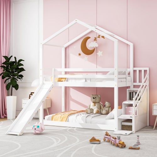 Lit enfant 90*200cm, Lit superposé bas avec escalier de sécurité, Cadre de  lit superposé en bois massif avec sommier à lattes, blanc