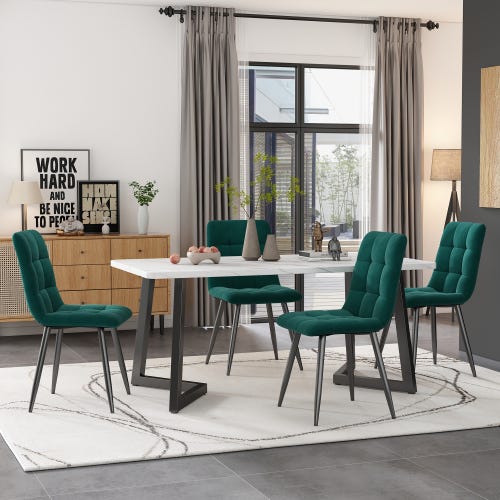 Tavolo da pranzo con 4 sedie, tavolo rettangolare in marmo, 4 sedie in  velluto verde.