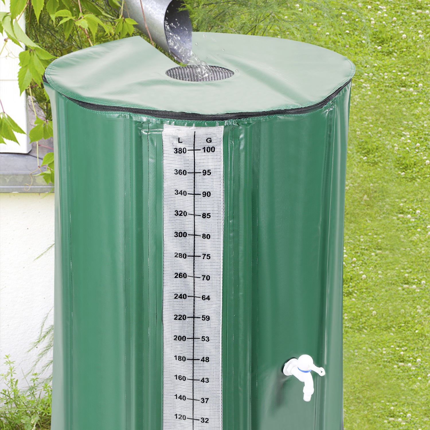 Serbatoio acqua piovana 380 litri in PVC con uscita tubo da giardino,  serbatoio acqua piovana