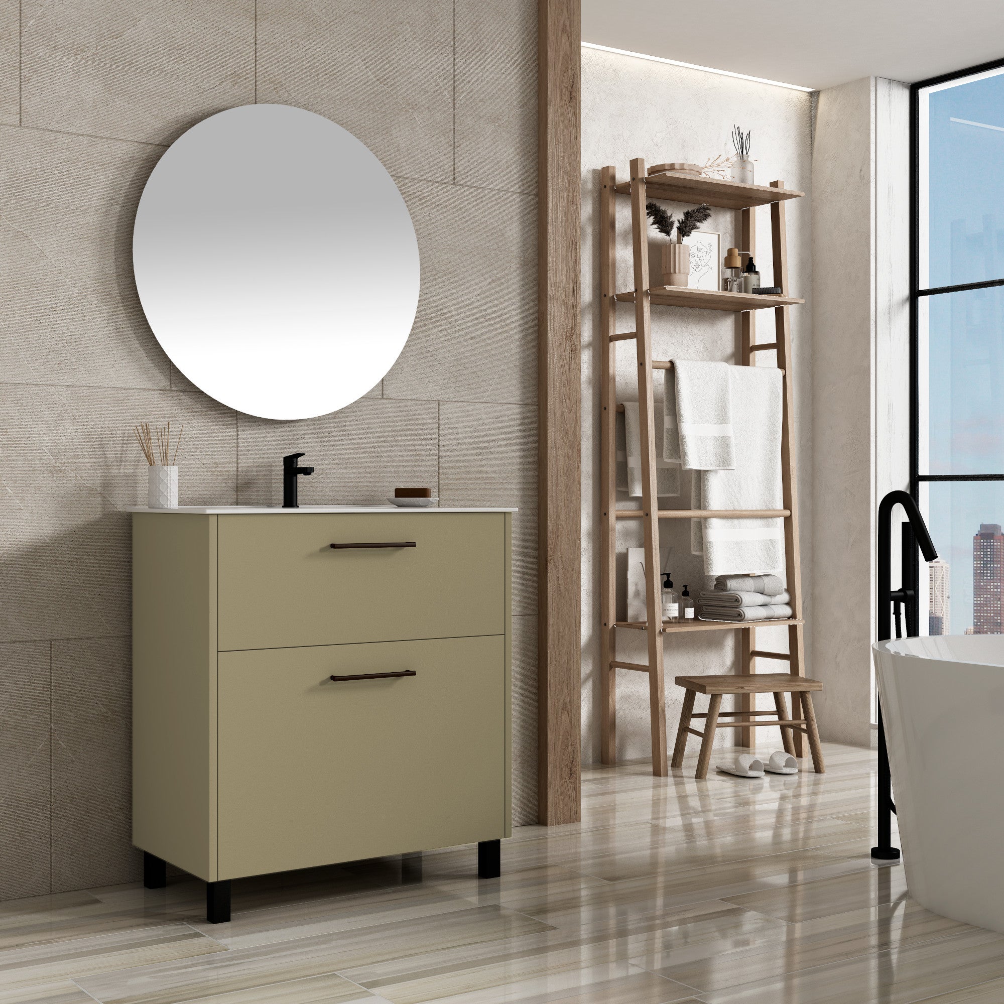 Mueble de Baño con patas con Lavabo Cerámico, 60 cm, 2 cajones con Cierre  Amortiguado y Organizador, beig verdoso