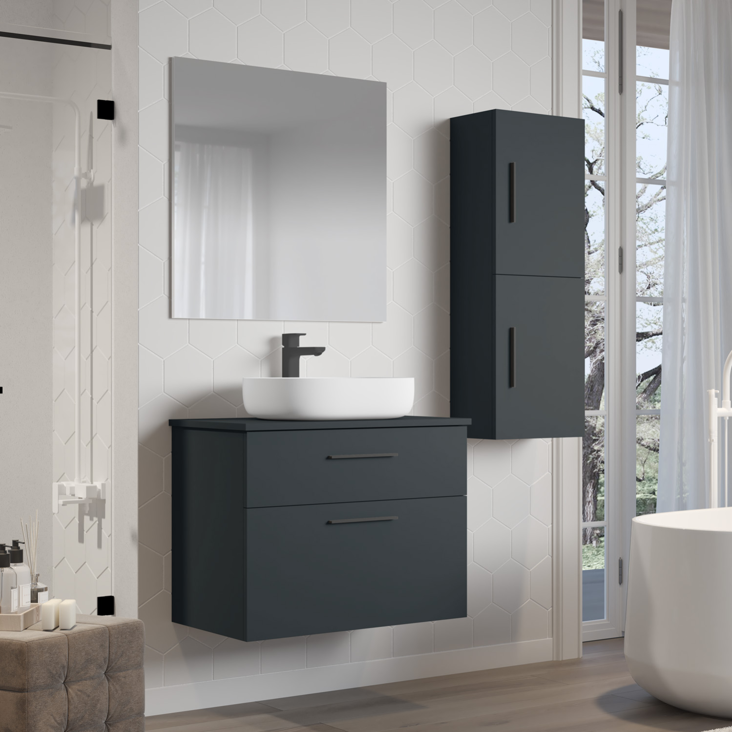 Mueble de Baño suspendido con tapa y Lavabo Cerámico y espejo 90 cm