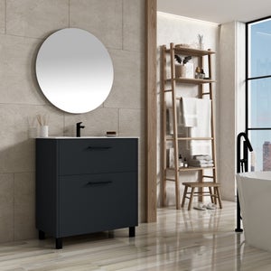 Mueble Baño con Patas con Lavabo Cerámico Fondo Reducido, 50cm, 2 Cajones  con Cierre Amortiguado y Organizador, Blanco Brillo - Negro