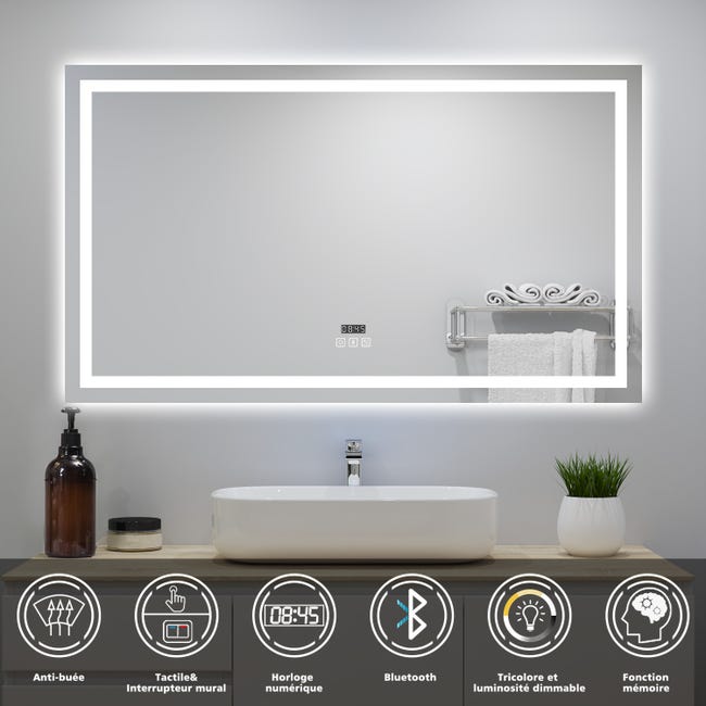 Miroir lumineux anti-buée avec interrupteur tactile + Lumière blanc 6000k +  160 x 4 x 80 cm (L x P x H)