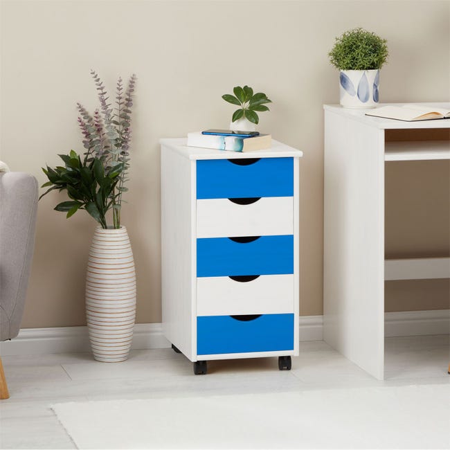 Caisson de bureau LAGOS meuble de rangement sur roulettes avec 5 tiroirs,  en pin massif lasuré