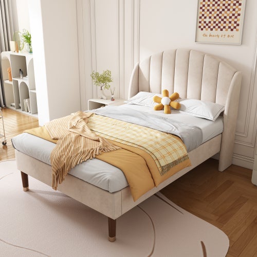 Cama individual tapizada 90*200 con somier y cabecero de láminas, fácil  montaje, terciopelo, beige