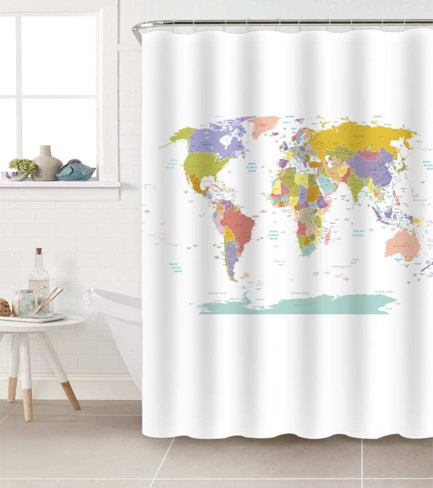 SDOTPMT 140x180cm Mappa Del Mondo Tenda Da Doccia Colorata Mappa Del Mondo Bambini Educativo Tema Paesi Città Tenda Da Bagno Bianco Tende Da Doccia