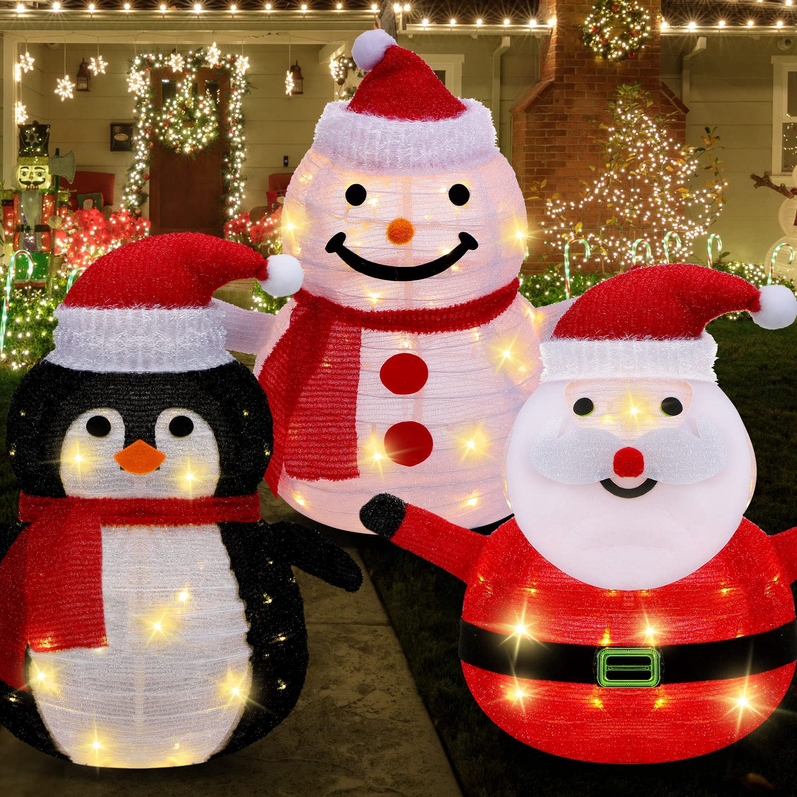 Paquet de 3 décorations extérieures de noël éclairées, bonhomme de neige pliable, pingouin, père 