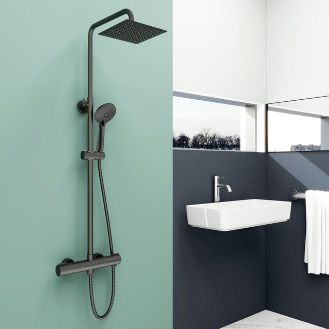 Colonna Doccia, OCEAN ITALY Kit Doccia con Soffione Quadrato Acciaio Inox 20x20cm, Miscelatore Doccia Termostatico Antiscottatura Nero Opaco