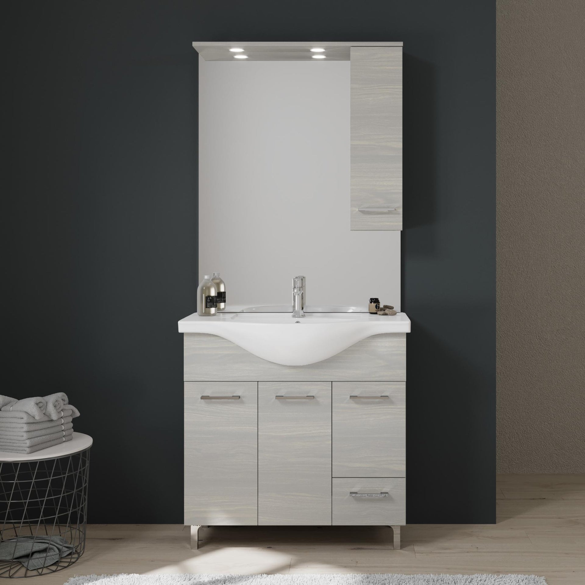 Meuble De Salle De Bains De 85 Cm Sur Pieds Chromes Chene Blanc Rimini Leroy Merlin