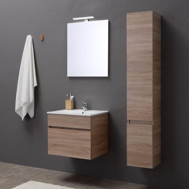 Meuble De Salle De Bains De 60 Cm Avec Tiroir Miroir Et Lavabo En Chene Serie Sole Leroy Merlin