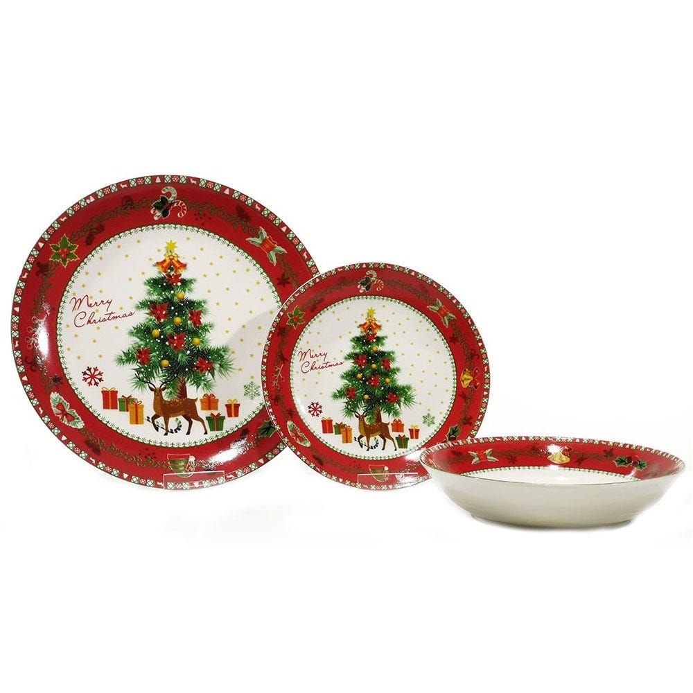 Servizio di piatti tavola rossa di natale per 6 persone 18pz decorazioni  casa decoro renna pacchi regalo albero agrifoglio