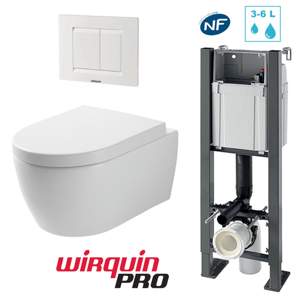 Pack WC suspendu Bâti universel compact plus WIRQUIN Cuvette ZAPA Plaque  blanche - Oskab