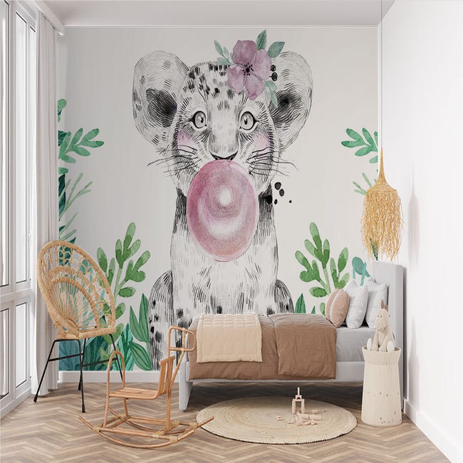 Papier peint enfant panoramique Elephant couronne de fleurs H230cms/L240cms