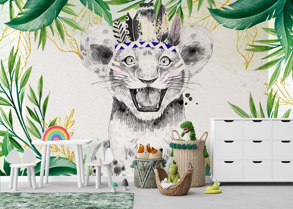 Papier peint enfant panoramique Lion mignon | My Joli Wall