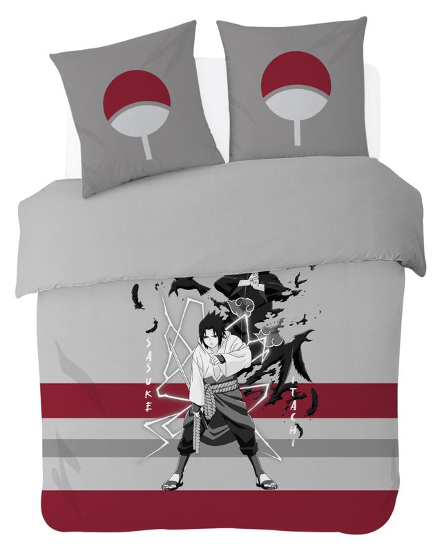 Naruto - Housse De Couette Naruto Sasuke & Itachi 200x200 cm + 2 Taies D'Oreiller 63x63 cm - 100% Coton - Gris/Rouge