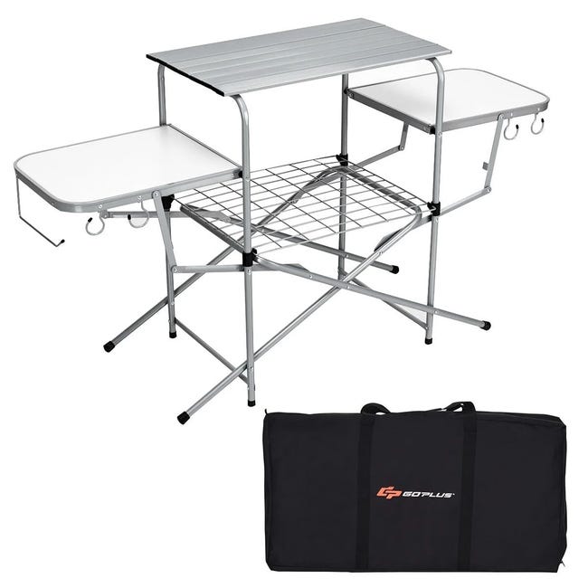 Table pliante de camping avec 2 tablettes latérales et étagère de grille pour  barbecue pique-nique 146x45x82cm 20_0001216