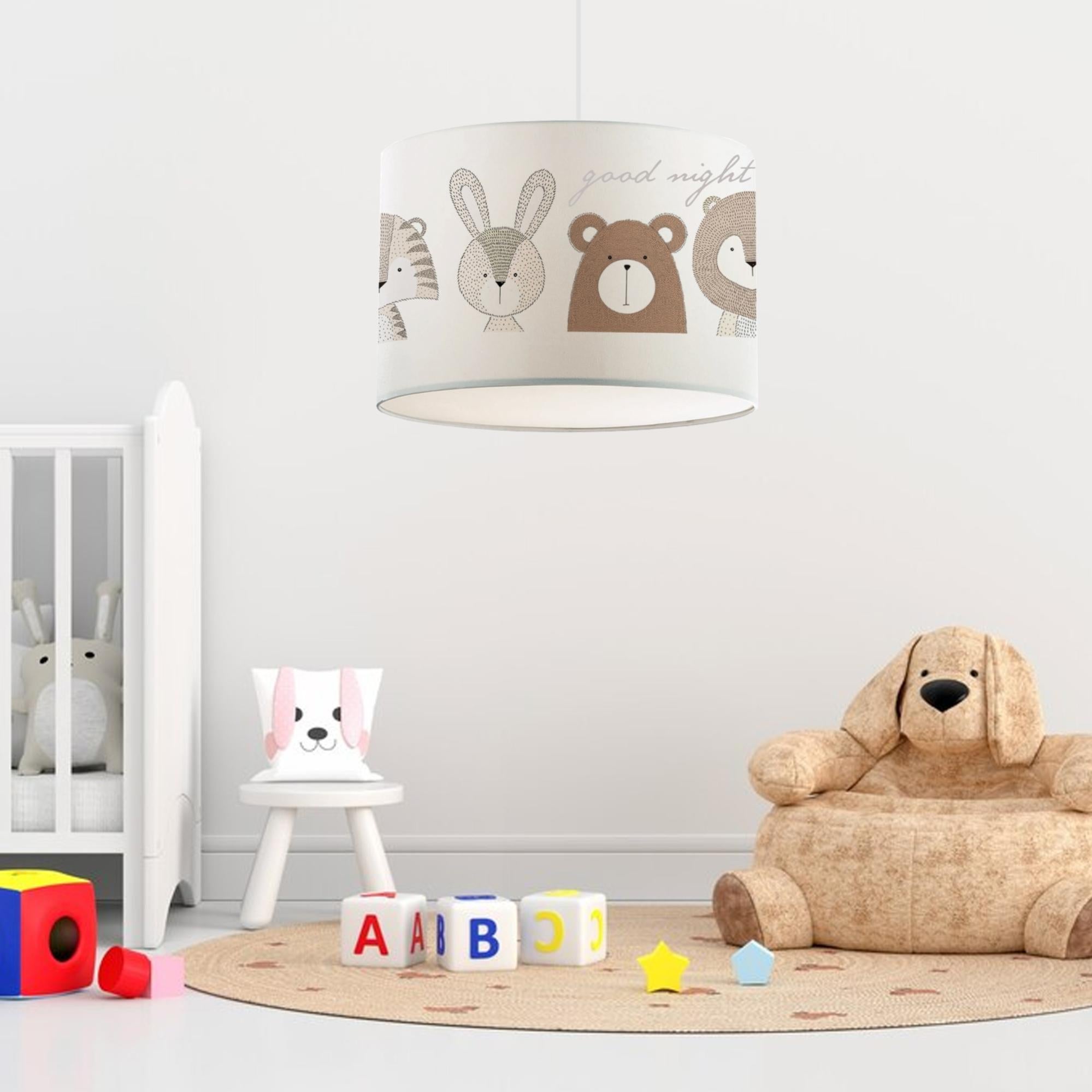 Lampada A Sospensione Cameretta Lux.pro – Doppio Paralume In Tessuto Bianco Con Elefante, Altezza 70 Cm, Attacco E27, Max 20W