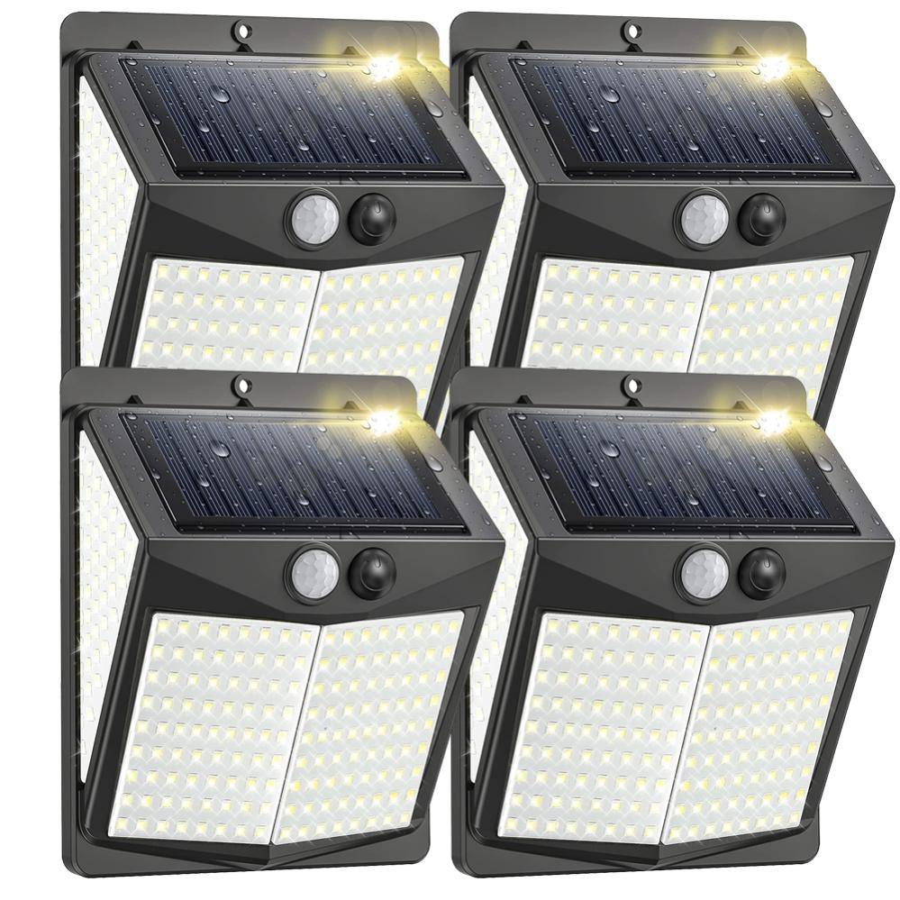 4 Lampes Solaires Extérieur 238 LED - Détecteur Mouvement, IP65 Étanche - 270° Angle - Jardin