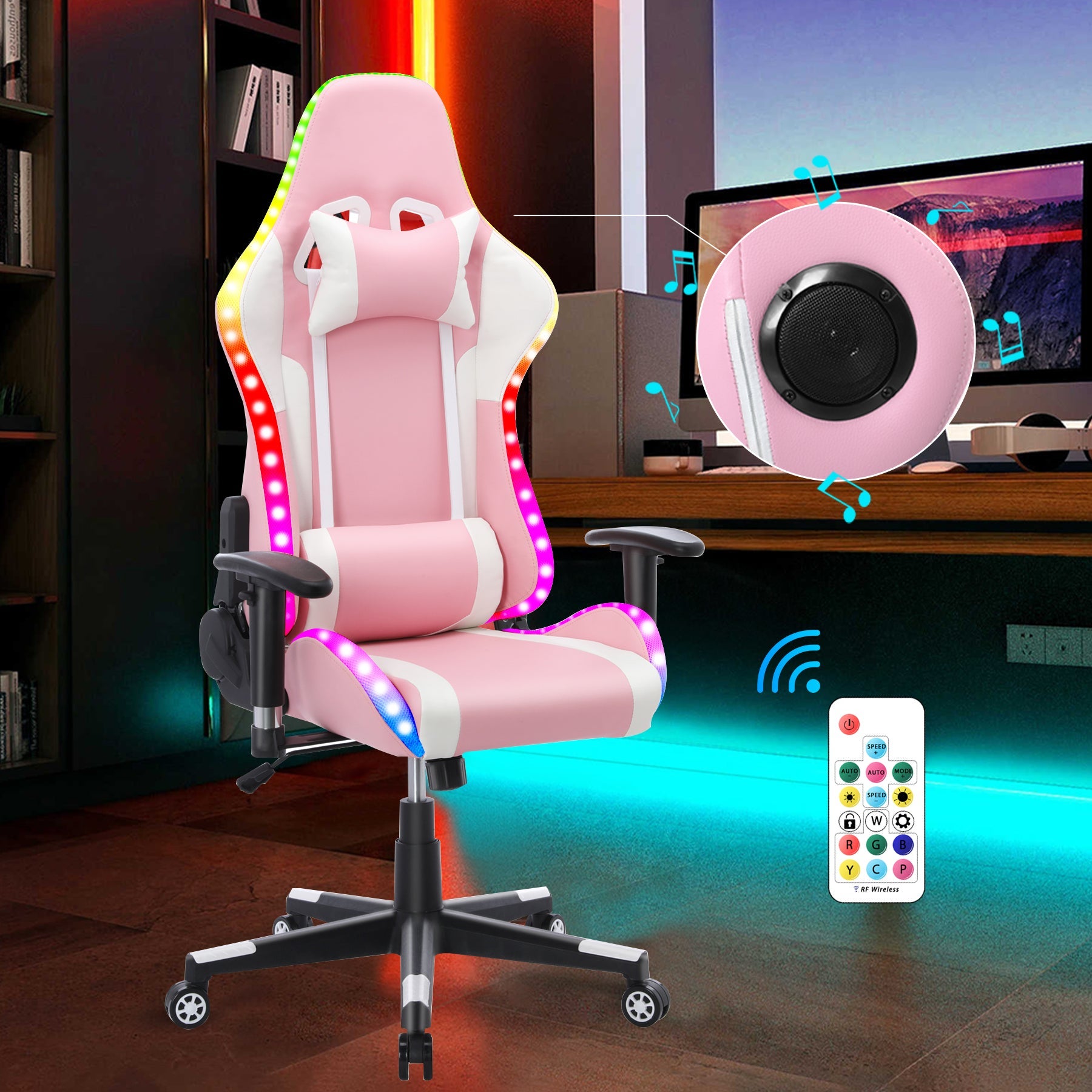 Chaise Gaming avec lumière LED et Bluetooth Fauteuil Gamer avec  haut-parleur Blanc et Rose