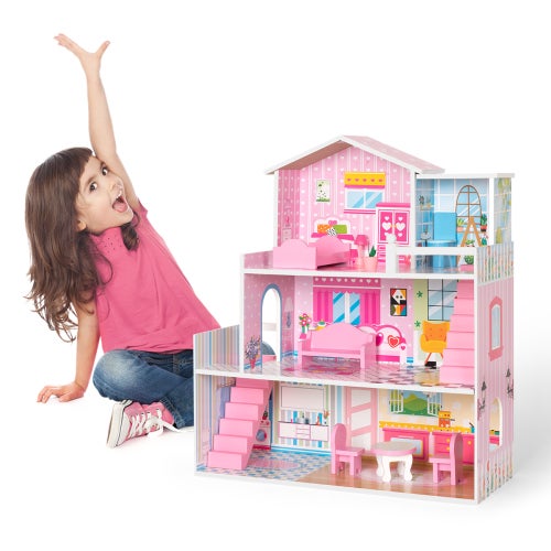 Maison de poupée en bois avec accessoires pour poupées de 7 à 12 cm