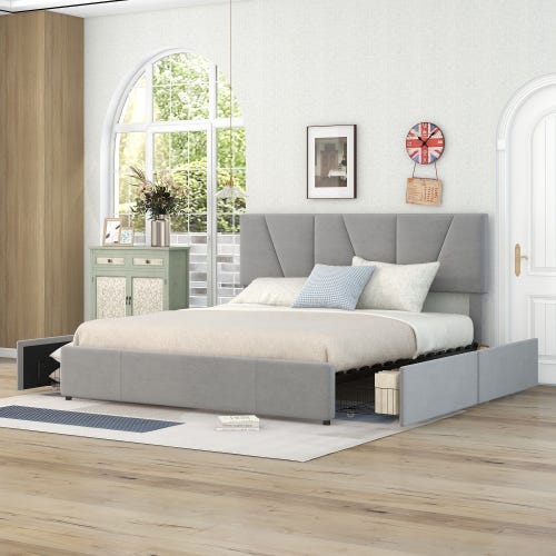 Cama tapizada de madera de la plataforma con el sistema de almacenamiento  hidráulico, marco de cama de los muebles del dormitorio del tamaño completo