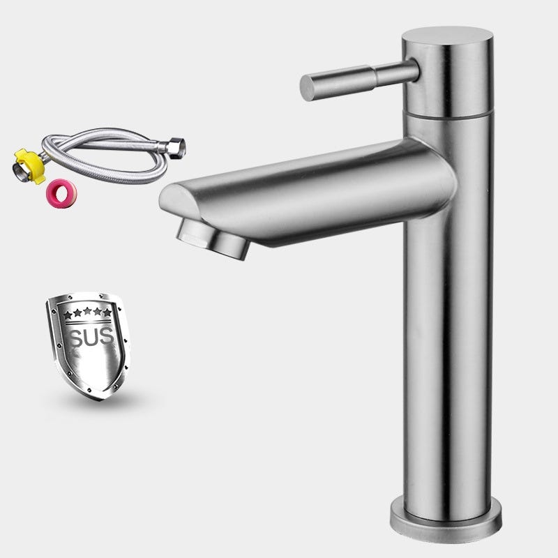 Robinet de lavabo en acier inoxydable 304 - Eau froide - Pour salle de bain  domestique - Monotrou - Avec tuyau d'arrivée d'eau de 60 cm