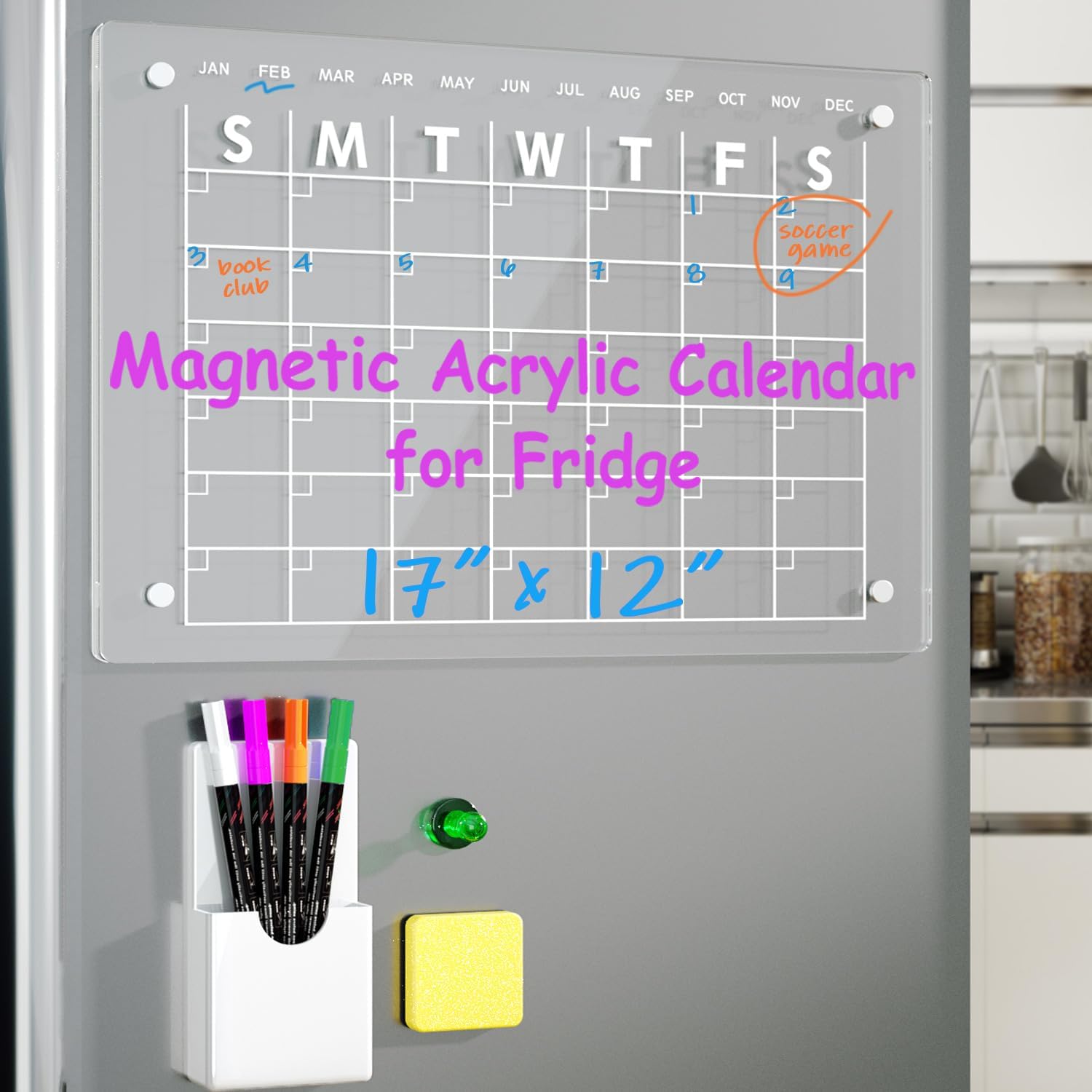 Calendrier acrylique magnétique pour réfrigérateur 43x30cm, tableau de  calendrier transparent effaçable à sec avec marqueurs effaçables à sec