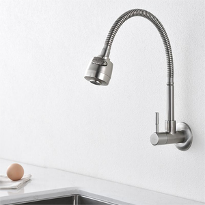 Robinet Mural d'Eau Froide à Ressort Mitigeur de Cuisine Mémoire de Forme pour Eau Froide Mitigeur d'Evier en Acier Inox Brossé 2 Jets aux Choix