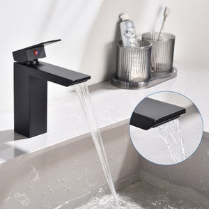 Noir Robinet Salle Bain Cascade avec Poignée Carrée Robinetterie à Deux Voies pour Chaude et Froide Mitigeur lavabo Design Moderne