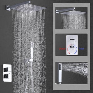 Colonne de Douche Encastrée Thermostatique en Laiton Kit de Douche Encastrable avec 12'' Tête de Douche Carrée Ensemble de Douche Chromé