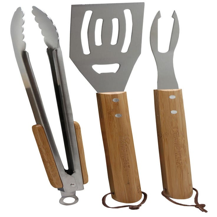 Set d'outils pour barbecue 3 pièces avec manche en bois