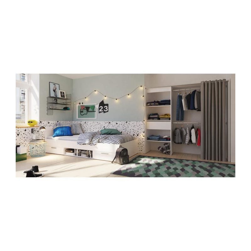 Chambre complète enfant lit gigogne 90 x 190 cm - 3 produits - Coloris :  Chêne et blanc - SONIA
