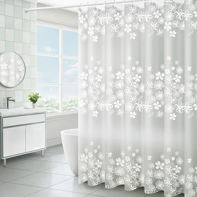 Rideau de douche imperméable en PEVA avec motif floral blanc