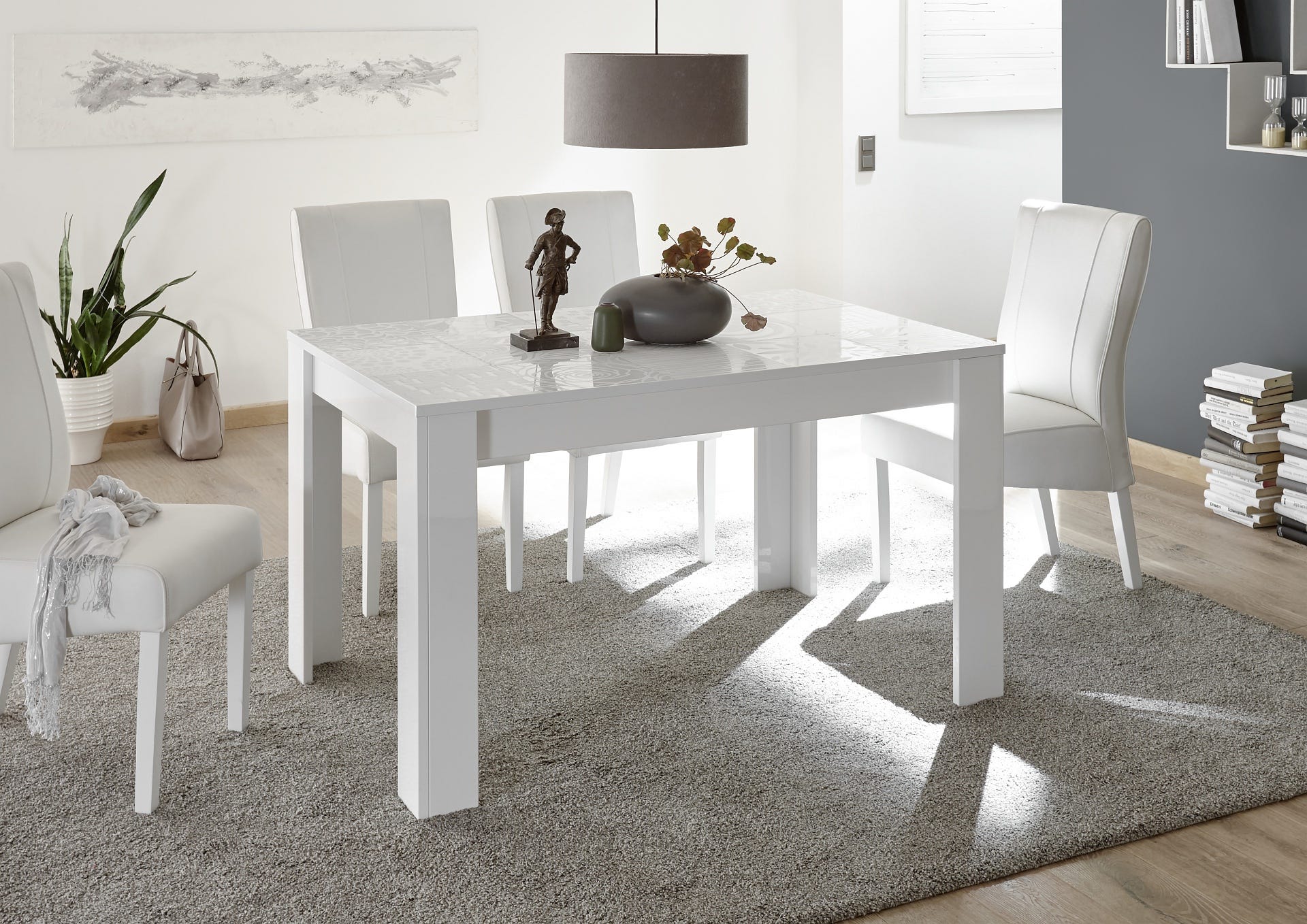 Tavolo da cucina allungabile design moderno disegni geometrici serigrafato  137x90 TCL18 bianco lucido