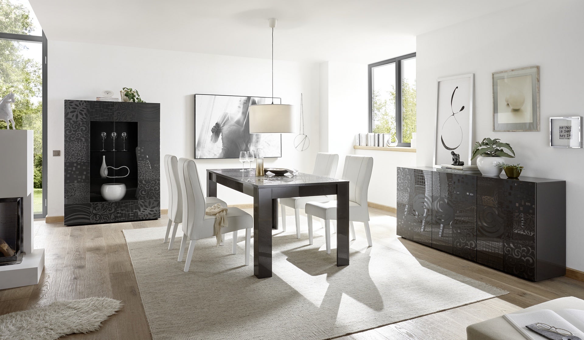 Tavolo da cucina fisso design moderno con disegni geometrici serigrafato  180x90 TCL17 grigio lucido